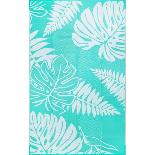 Reds Spade - Outdoor Plastic Straw Rug Navy Large Outside Waterproof Patio Carpet Geometric Reversible Mat Modern For Ca - Leaf | Teal-8' x 10' (Rectangular)
