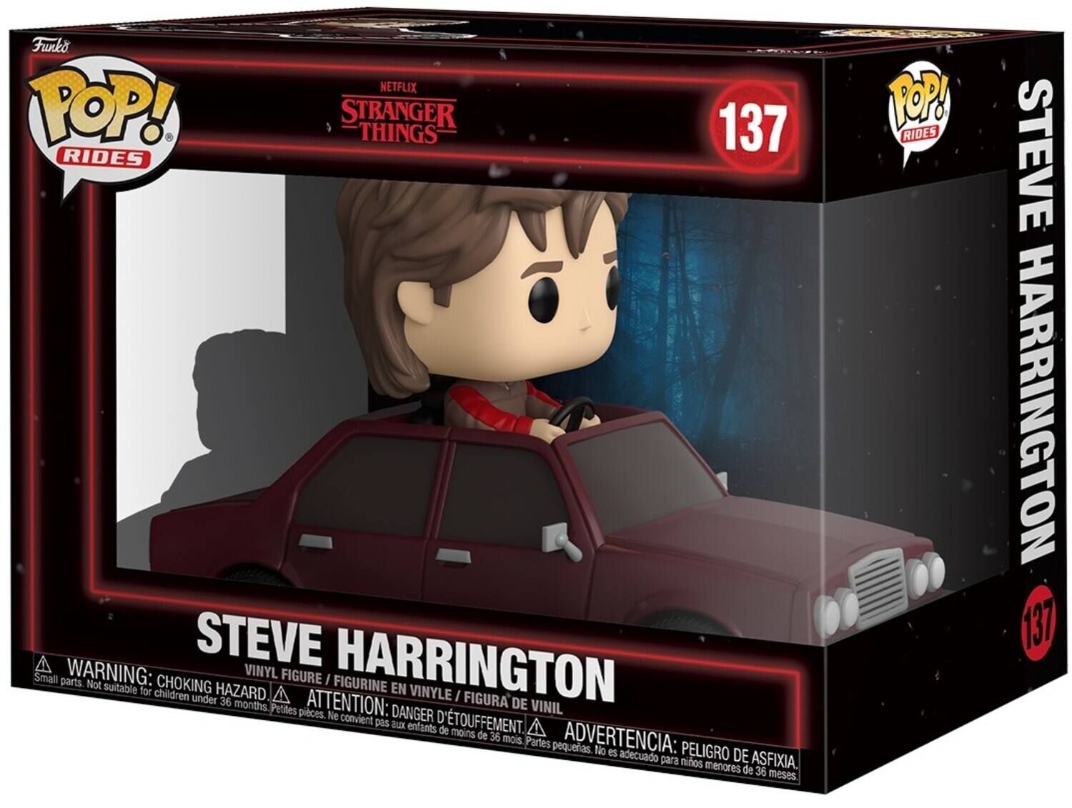 Sure, here is the corrected and grouped text from the image:

---

**Funko POP! RIDES**

**NETFLIX STRANGER THINGS**

**137**

**STEVE HARRINGTON**

**VINYL FIGURE / FIGURA DE VINYLE / FIGURA DE VINIL**

**WARNING: CHOKING HAZARD. Small parts. Not suitable for children under 36 months.**

**ATTENTION: DANGER D'ÉTOUFFEMENT. Petites pièces. Ne convient pas aux enfants de moins de 36 mois.**

**ADVERTENCIA: PELEIGRO DE ASFIXIA. Partes pequeñas. No es adecuado para niños menores de 36 meses.**

---

This text is organized to reflect the information on the packaging of the Funko POP! Rides figure.