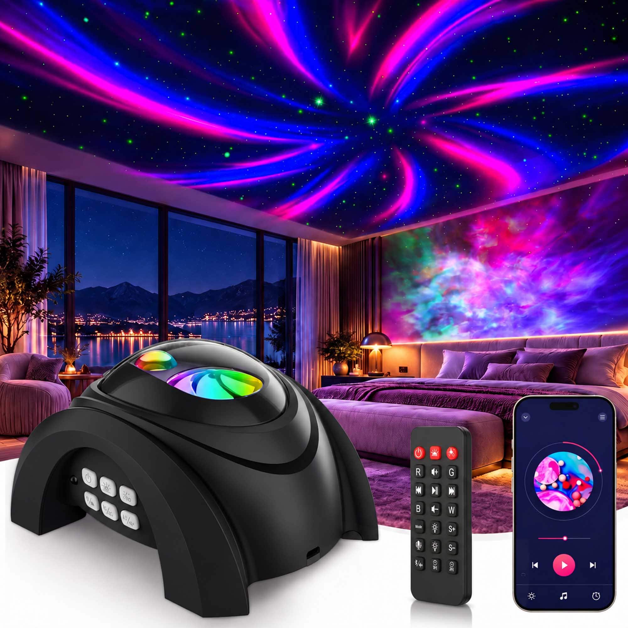 Rossetta - Dual Lens Galaxy Star Projector with Aurora Night Light, Bluetooth Speaker & White Noise Machine - Black