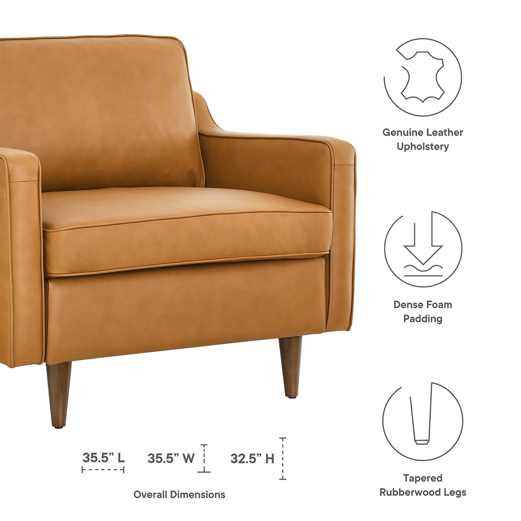Genuine Leather Upholstery  
Dense Foam Padding  
Overall Dimensions: 35.5" L x 35.5" W x 32.5" H  
Tapered Rubberwood Legs