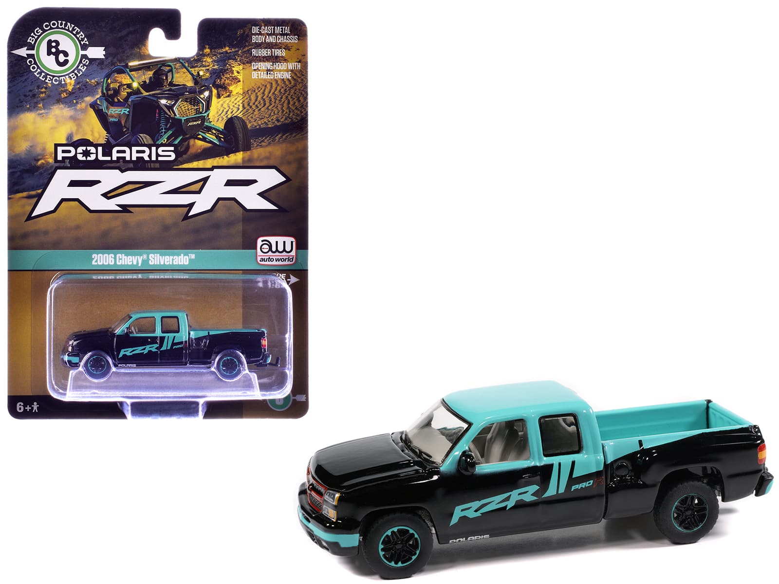 Autoworld - 2006 Chevrolet Silverado Pickup Truck Polaris RZR Black/Blue Big Country Collectibles 1/64 Auto World - Black and Blue