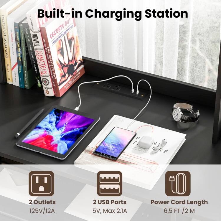 Built-in Charging Station

- 2 Outlets: 125V/12A
- 2 USB Ports: 5V, Max 2.1A
- Power Cord Length: 6.5 FT / 2 M