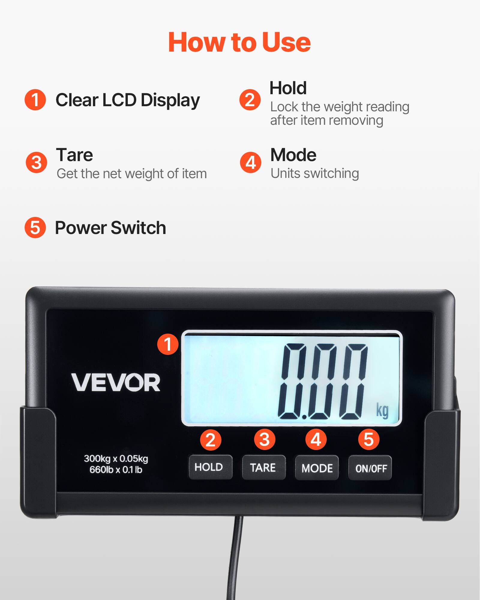 How to Use

1. Clear LCD Display
2. Hold - Lock the weight reading after item removing
3. Tare - Get the net weight of item
4. Mode - Units switching
5. Power Switch

VEVOR

300kg x 0.05kg
660lb x 0.1 lb

1. HOLD
2. TARE
3. MODE
4. ON/OFF