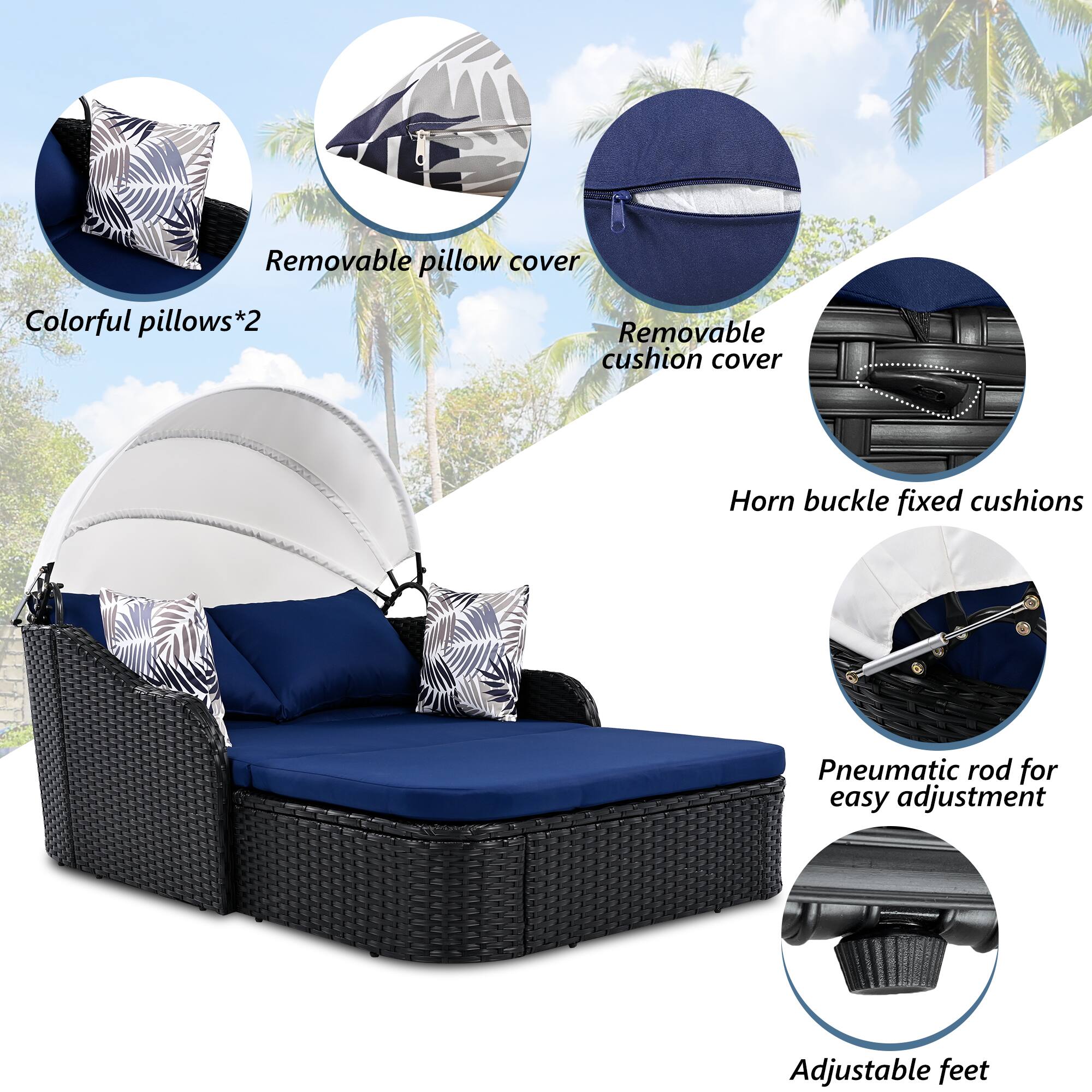 - Removable pillow cover
- Colorful pillows*2
- Removable cushion cover
- Horn buckle fixed cushions
- Pneumatic rod for easy adjustment
- Adjustable feet
