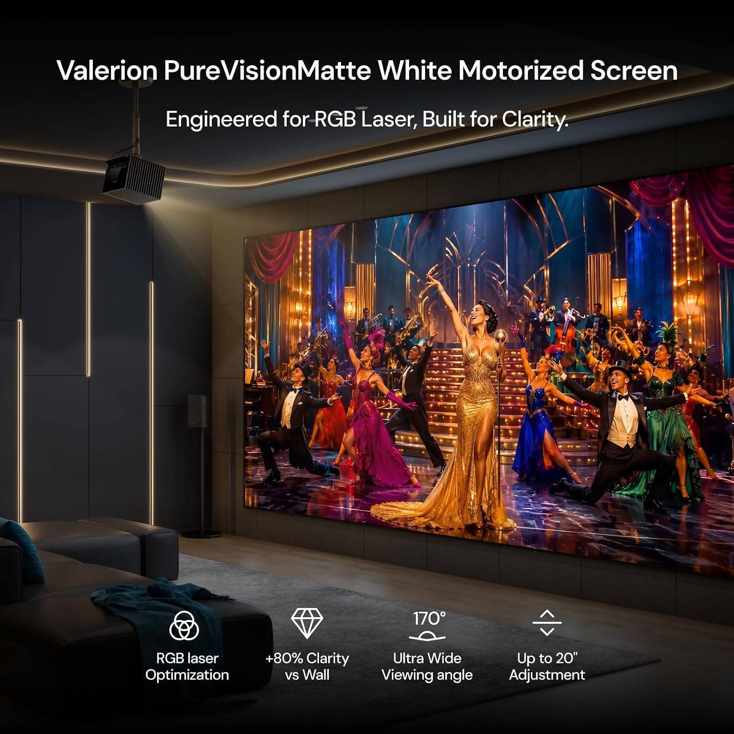 Valerion PureVision Matte White Motorized Screen  
Engineered for RGB Laser, Built for Clarity.  

170° RGB Laser Optimization +80% Clarity vs Wall  
Ultra Wide Viewing angle  
Up to 20" Adjustment