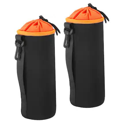Front. Unique Bargains - Camera Lens Bag, 2pcs 3.7"x9.8" Cylindrical Drawstring Pouch with Neoprene for DSLR Lens, Water Coffee Cups - Black Orange.