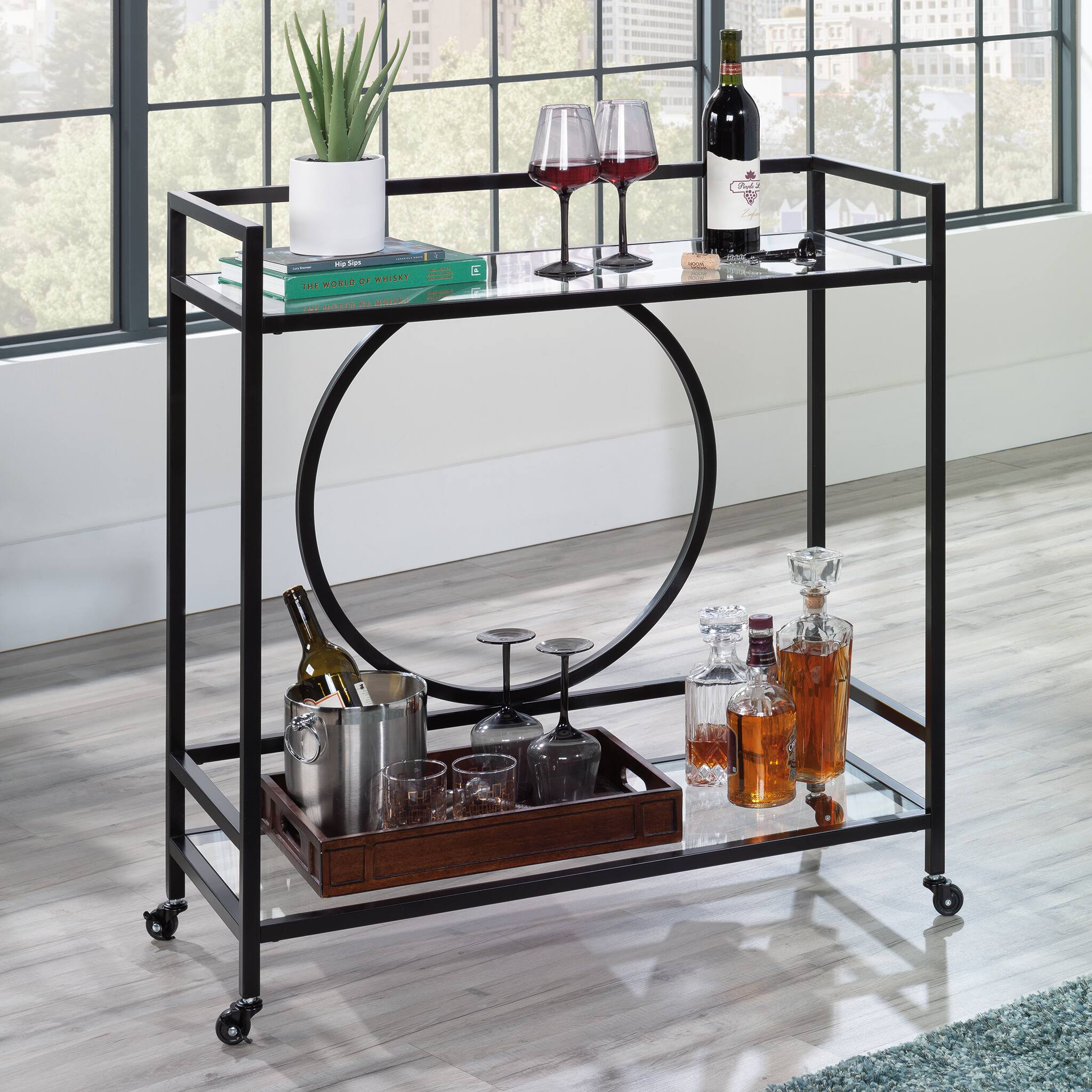 Left View: Sauder - International Lux Bar Cart - Black