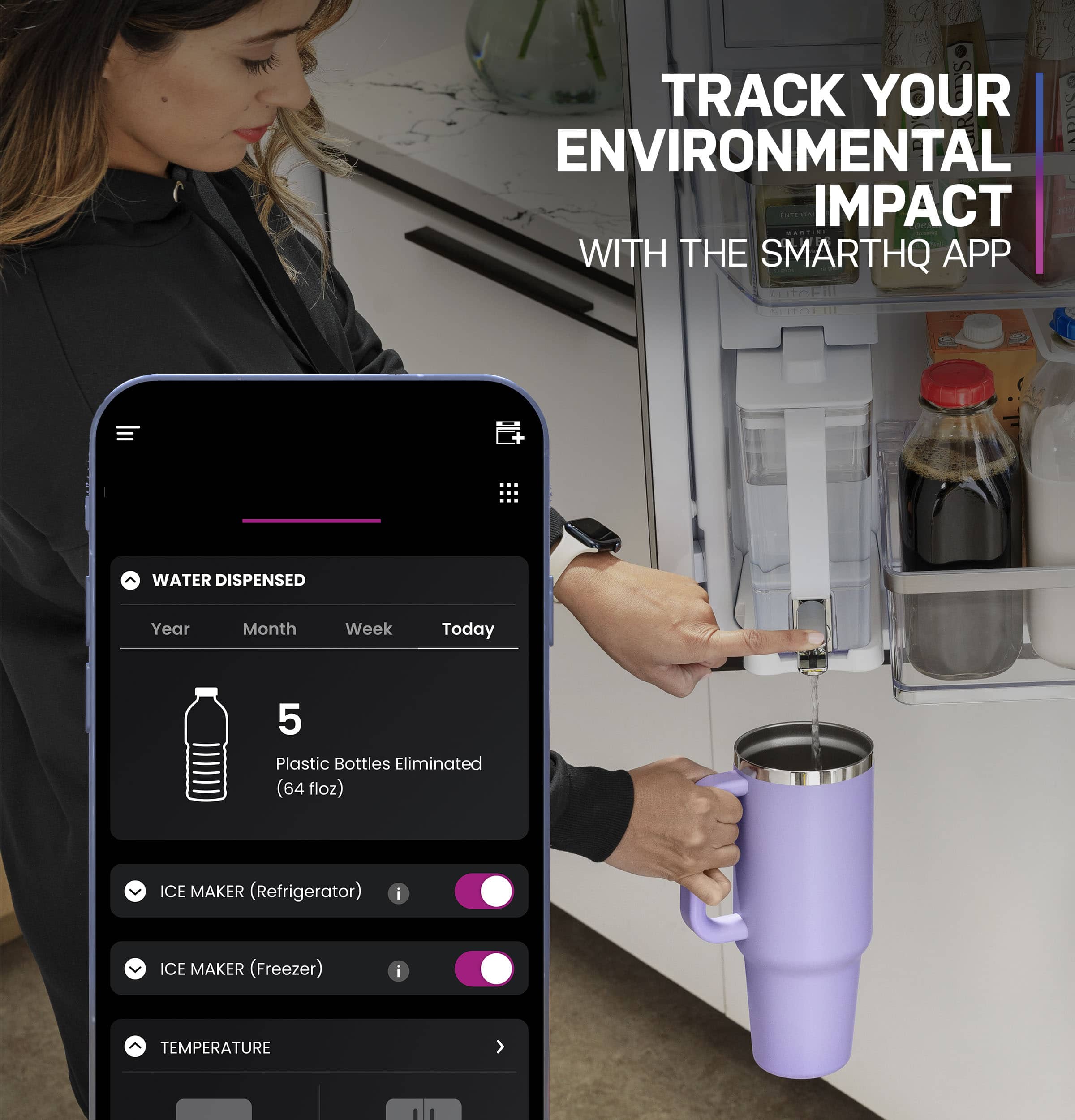 Track Your Environmental Impact with the SmartHQ App:
Water Dispensed:
Year, Month, Week, Today
5 Plastic Bottles Eliminated (64 floz)
Ice Maker (Refrigerator):
Ice Maker (Freezer):
Temperature