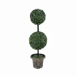 Costway - 1 PCS Artificial Boxwood Topiary Tree,Sun-Protective Double Ball Shrubs,Potted Plants - Green, Black, Golden