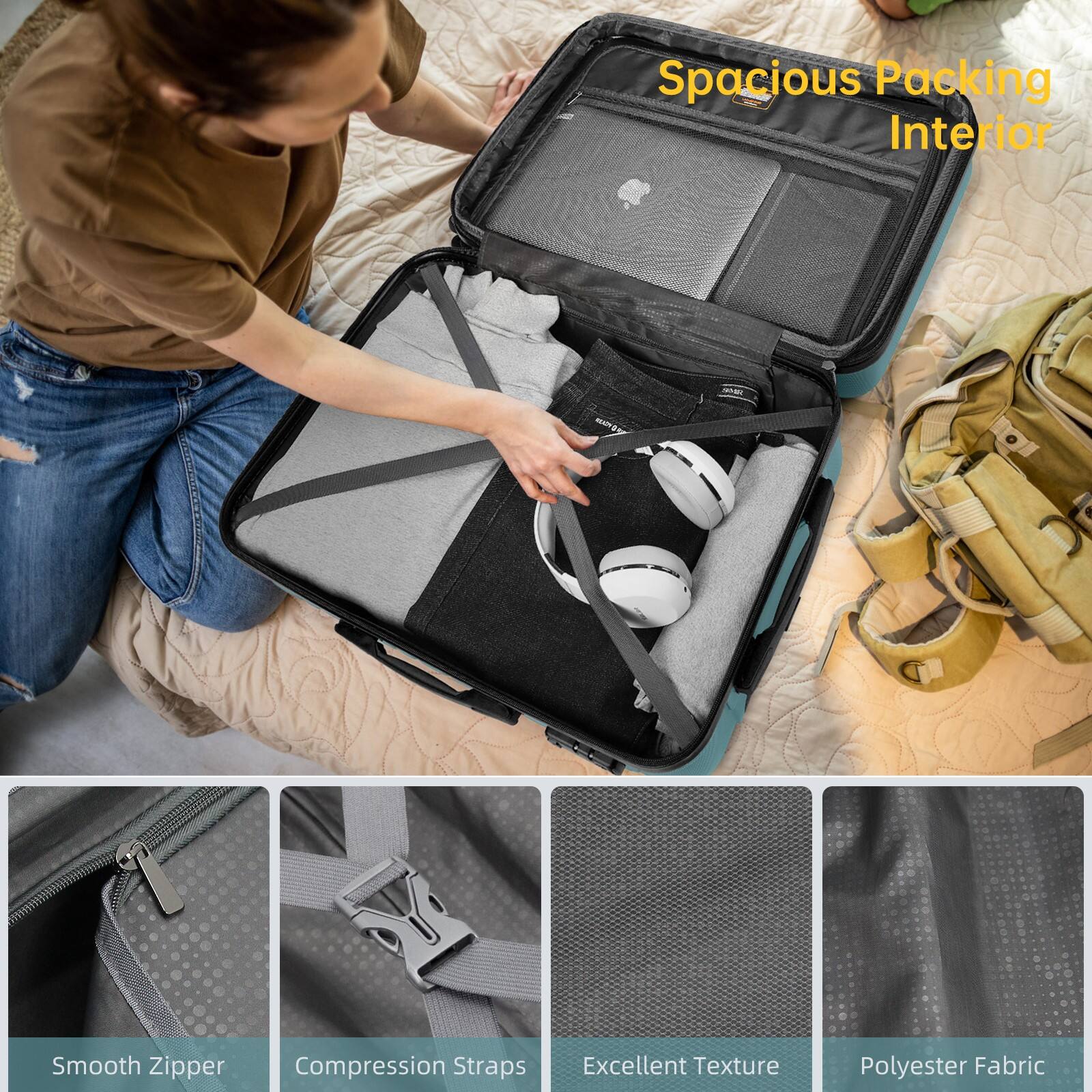 - Spacious Packing Interior
- Smooth Zipper
- Compression Straps
- Excellent Texture
- Polyester Fabric