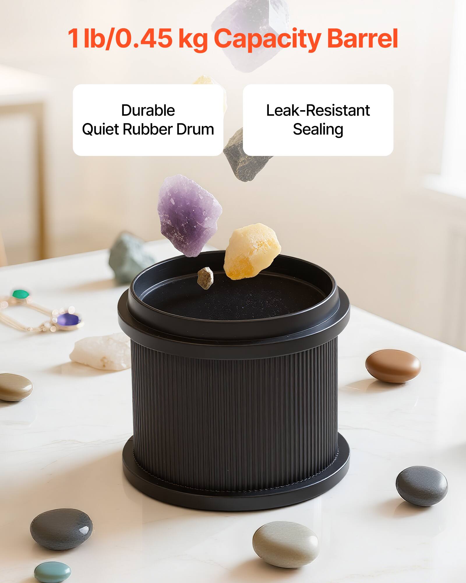 1 lb/0.45 kg Capacity Barrel

- Durable Quiet Rubber Drum
- Leak-Resistant Sealing