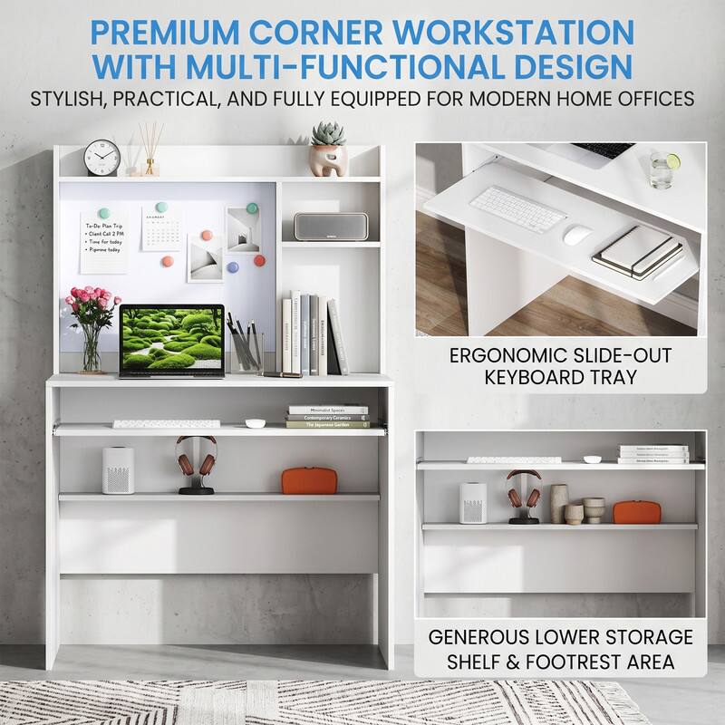 PREMIUM CORNER WORKSTATION WITH MULTI-FUNCTIONAL DESIGN  
STYLISH, PRACTICAL, AND FULLY EQUIPPED FOR MODERN HOME OFFICES

- ERGONOMIC SLIDE-OUT KEYBOARD TRAY
- GENEROUS LOWER STORAGE SHELF & FOOTREST AREA