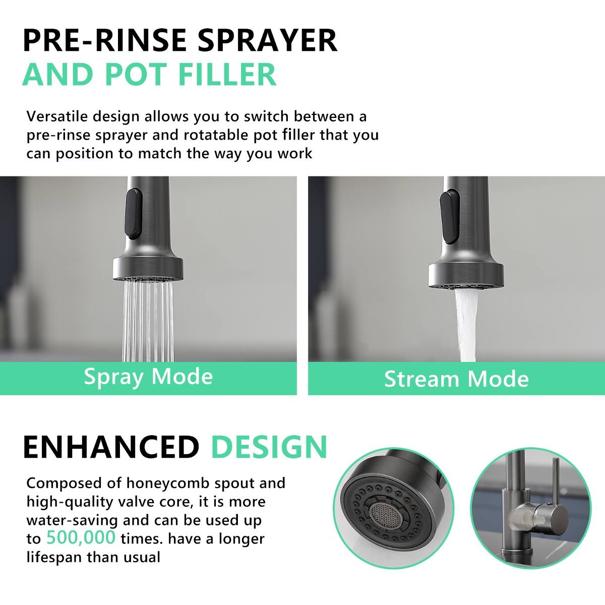 PRE-RINSE SPRAYER AND POT FILLER

Versatile design allows you to switch between a pre-rinse sprayer and rotatable pot filler that you can position to match the way you work

Spray Mode
Stream Mode

ENHANCED DESIGN
Composed of honeycomb spout and high-quality valve core, it is more water-saving and can be used up to 500,000 times. have a longer lifespan than usual