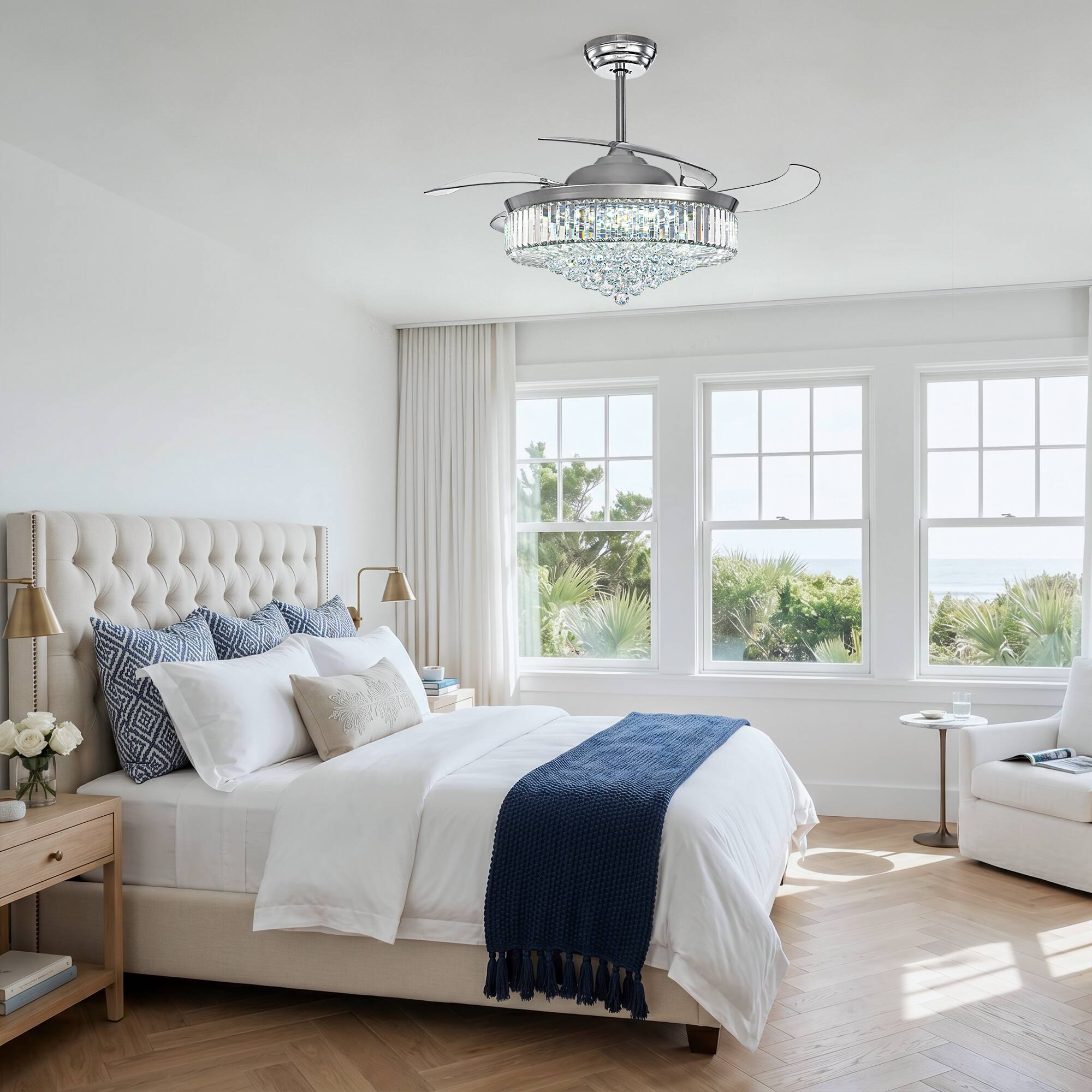 Back. Siljoy - 52 Inch Crystal Retractable Ceiling Fan with LED Light Remote and App Control for Bedroom Kitchen and Living Room - Chrome.