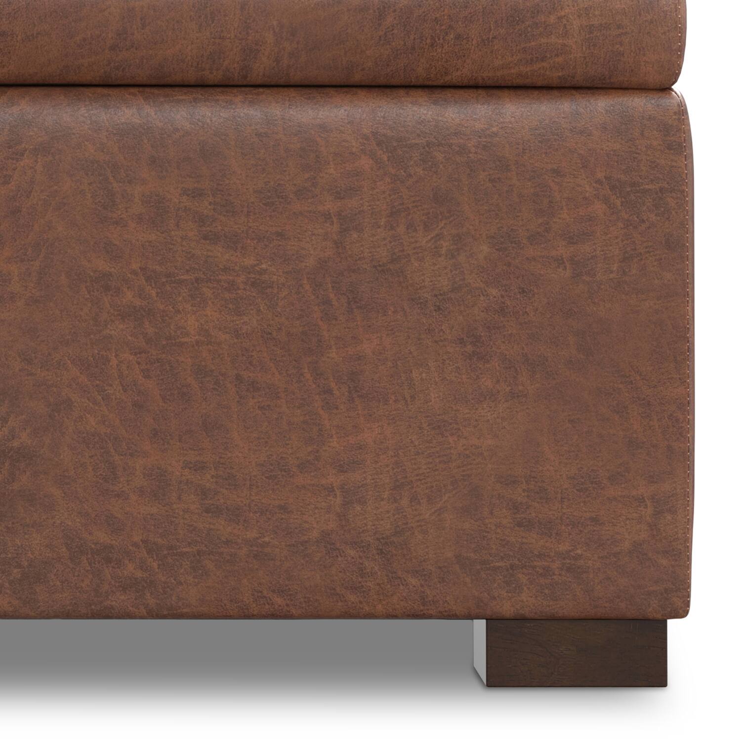 Alt View 6. Simpli Home - Gabbie 36 inch Wide Square Coffee Table Storage Ottoman in Distressed Saddle Brown Vegan Leather - Distressed Saddle Brown.