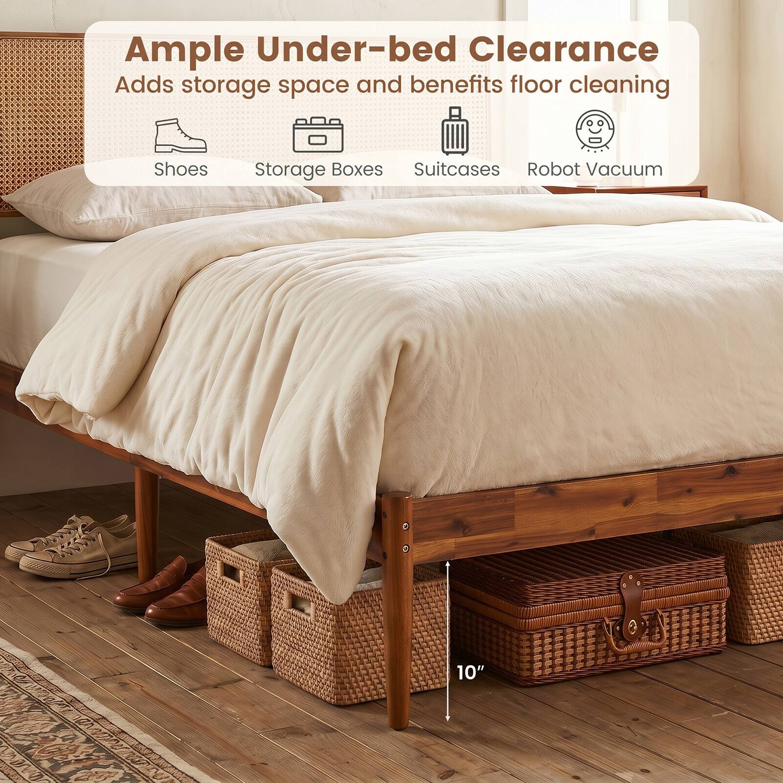 Ample Under-bed Clearance Adds storage space and benefits floor cleaning Shoes Storage Boxes Suitcases Robot Vacuum 10"