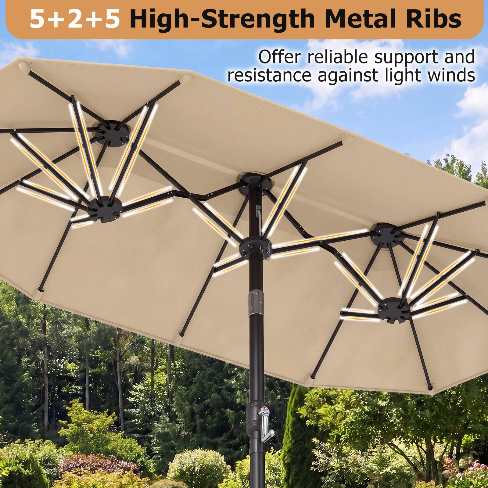 5+2+5 High-Strength Metal Ribs  
Offer reliable support and resistance against light winds