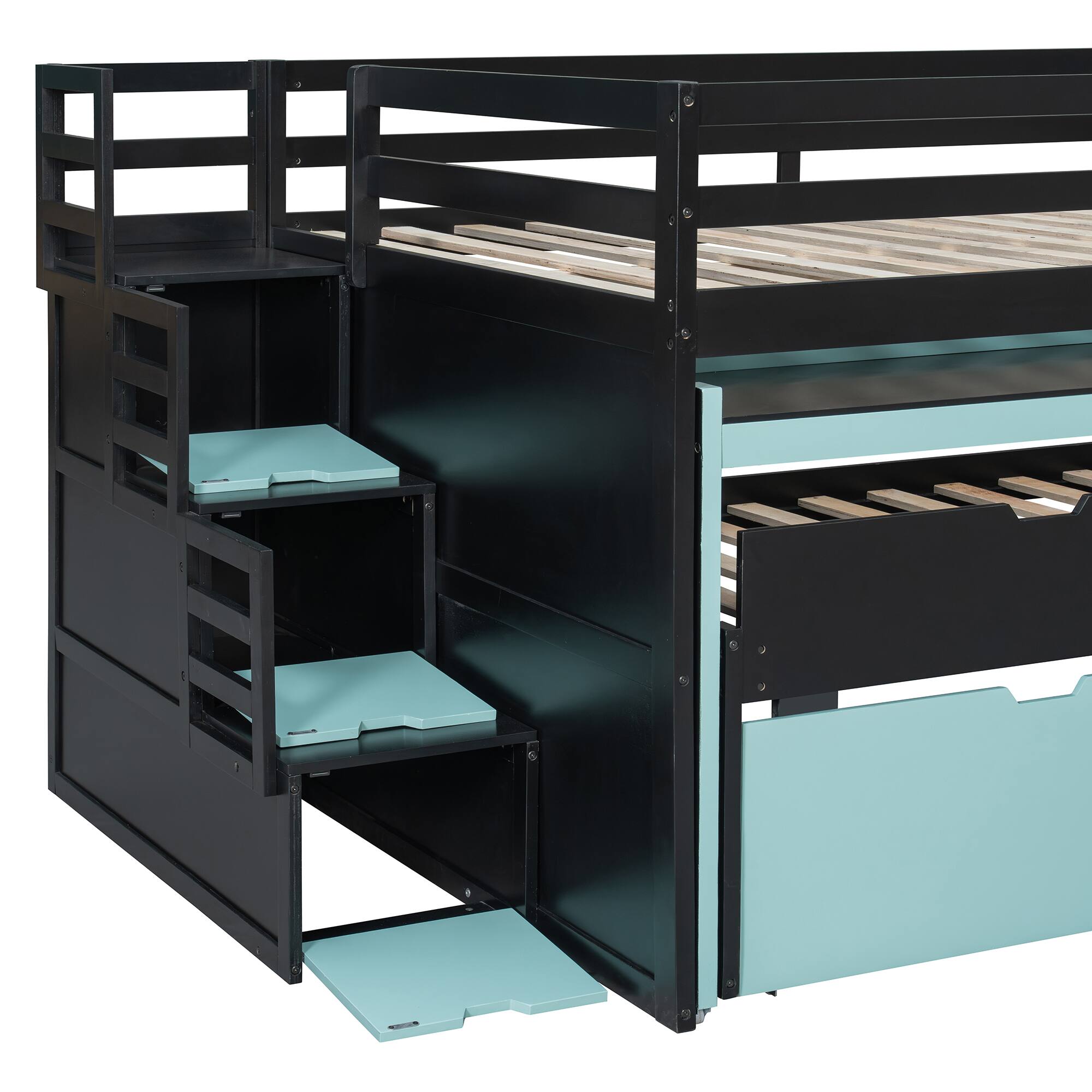 Alt View 4. Whisen - Gaming Loft Bed with Pull-Out Desk,Trundle and Storage Stairs,Multi-Functional Workstation Bed Frame - Black+Blue.