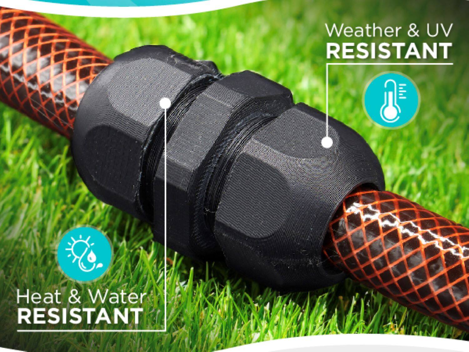 The text on the image is grouped as follows:

1. Weather & UV Resistant: This text is about the resistance of the hose to weather conditions and ultraviolet light.
2. Heat & Water Resistant: This text is about the resistance of the hose to heat and water.