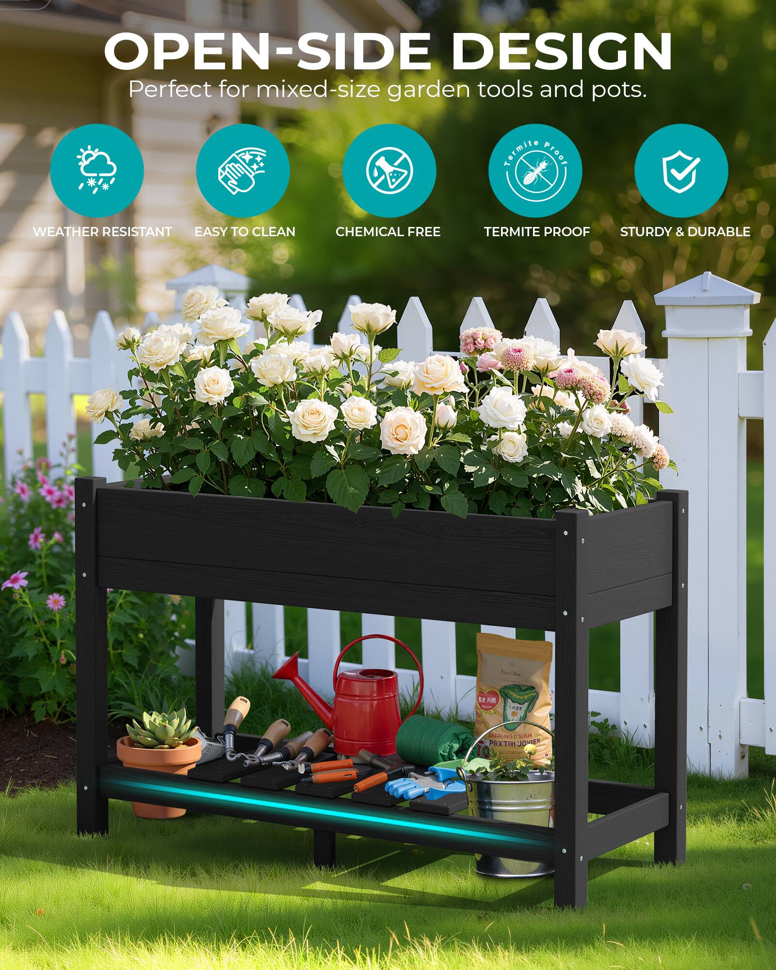 OPEN-SIDE DESIGN  
Perfect for mixed-size garden tools and pots.  

WEATHER RESISTANT  
EASY TO CLEAN  
CHEMICAL FREE  
TERMITE PROOF  
STURDY & DURABLE