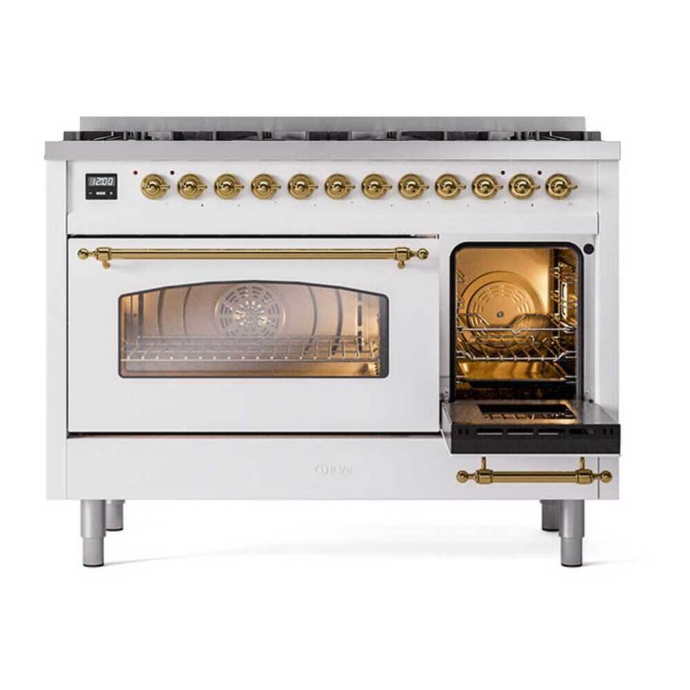 Alt View 5. ILVE - ILVE Nostalgie II 48 inch Dual Fuel Range with 8 Black Brass Sealed Burners (Limited Edition) (White, Brass) - White.