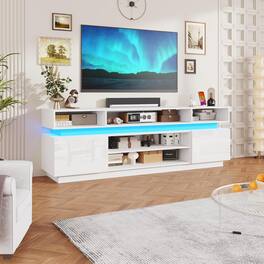 Espafurni - 93" LED TV Stand with Power Outlets, High Gloss & Glass Shelf - White