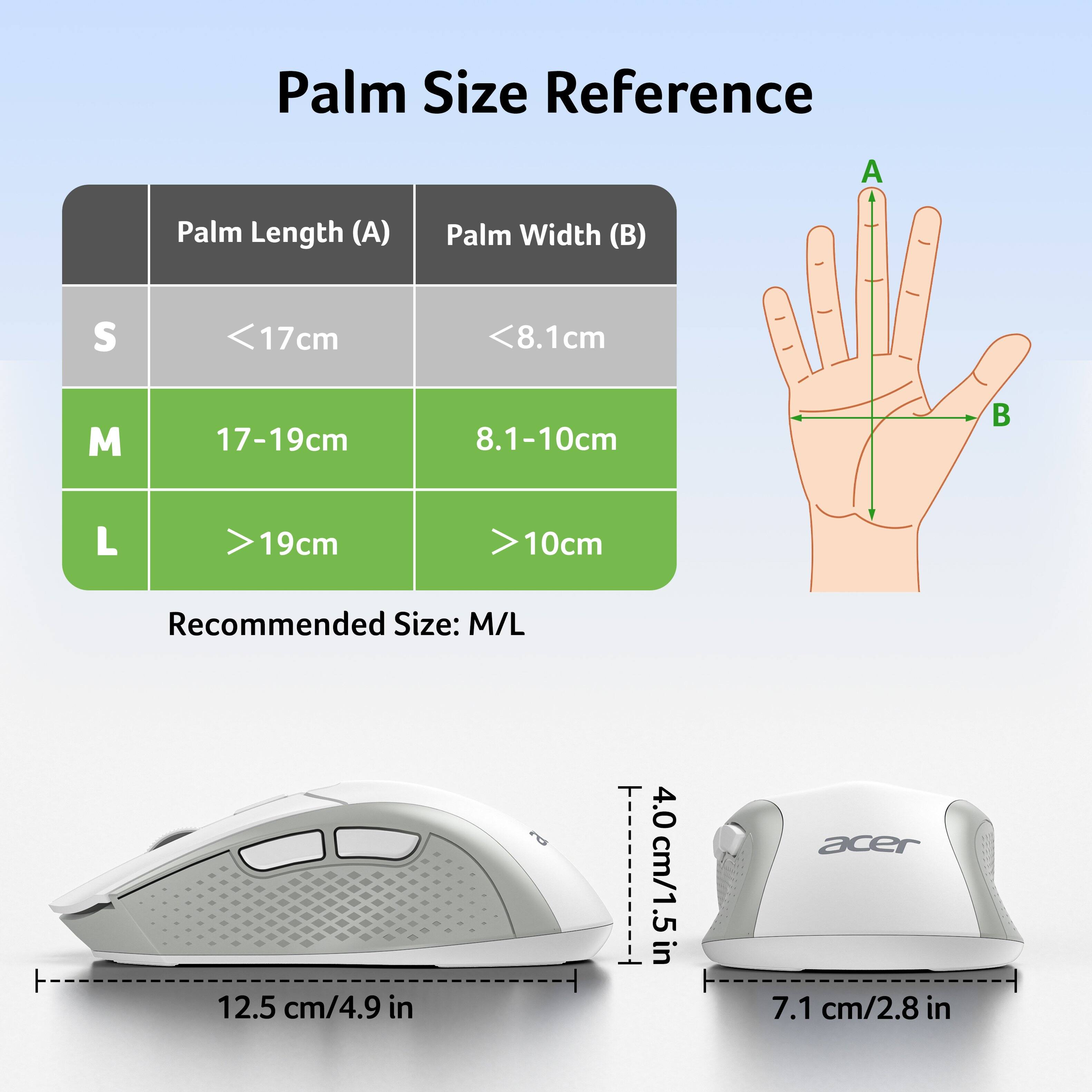 Palm Size Reference

| Palm Length (A) | Palm Width (B) |
|----------------|---------------|
| S              | <17cm         | <8.1cm      |
| M              | 17-19cm       | 8.1-10cm    |
| L              | >19cm         | >10cm      |

Recommended Size: M/L

12.5 cm/4.9 in
4.0 cm/1.5 in
acer 7.1 cm/2.8 in