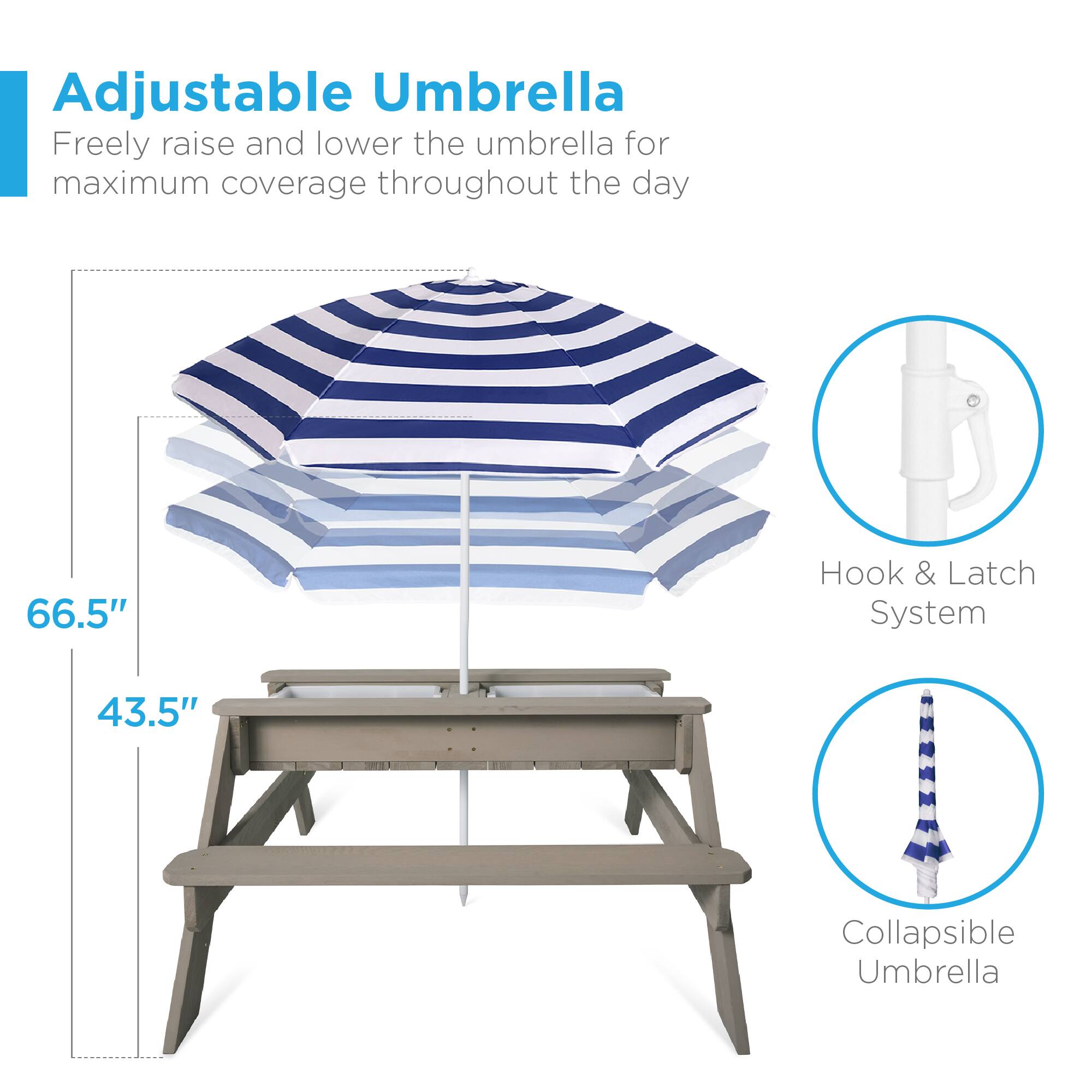 Adjustable Umbrella  
Freely raise and lower the umbrella for maximum coverage throughout the day  

66.5"  
43.5"  

Hook & Latch System  
Collapsible Umbrella