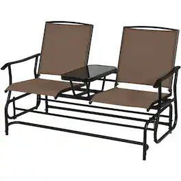 Mondawe - 2-Person Rocking Loveseat w/ Center Tempered Glass Table, Double Outdoor Glider Bench with Mesh Fabric - Brown