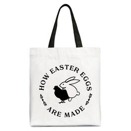 OrnamentallyYou - Bold Funny Easter Bunny Sarcastic Tote Bag, How Easter Eggs Are Made Gift Shopper - White Black