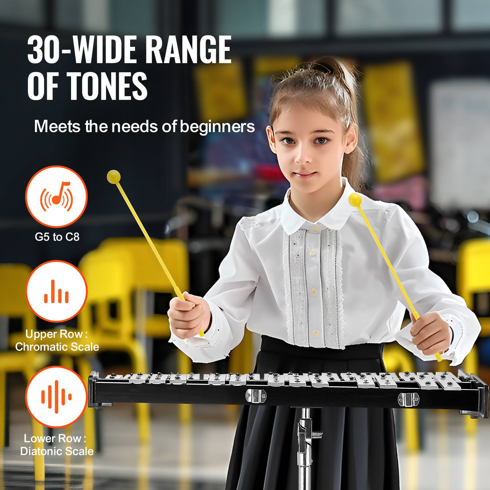 30-WIDE RANGE OF TONES  
Meets the needs of beginners  
G5 to C8  
Upper Row: Chromatic Scale  
Lower Row: Diatonic Scale