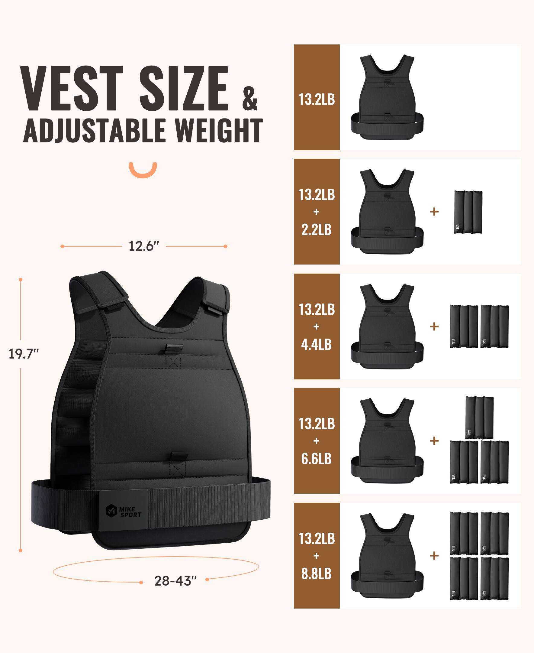 VEST SIZE & ADJUSTABLE WEIGHT

13.2LB

13.2LB + 2.2LB

13.2LB + 4.4LB

13.2LB + 6.6LB

13.2LB + 8.8LB

12.6"

19.7"

28-43"