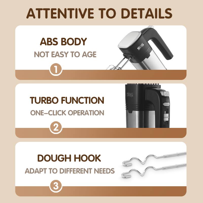 ATTENTIVE TO DETAILS

1. ABS BODY
   NOT EASY TO AGE

2. TURBO FUNCTION
   ONE-CLICK OPERATION

3. DOUGH HOOK
   ADAPT TO DIFFERENT NEEDS
