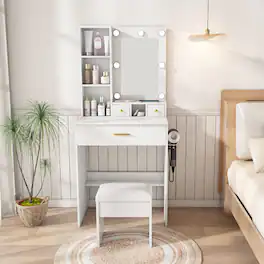 Loheer - makeup vanity with mirror and LED lights, compact dressing table with stool for bedrooms - White