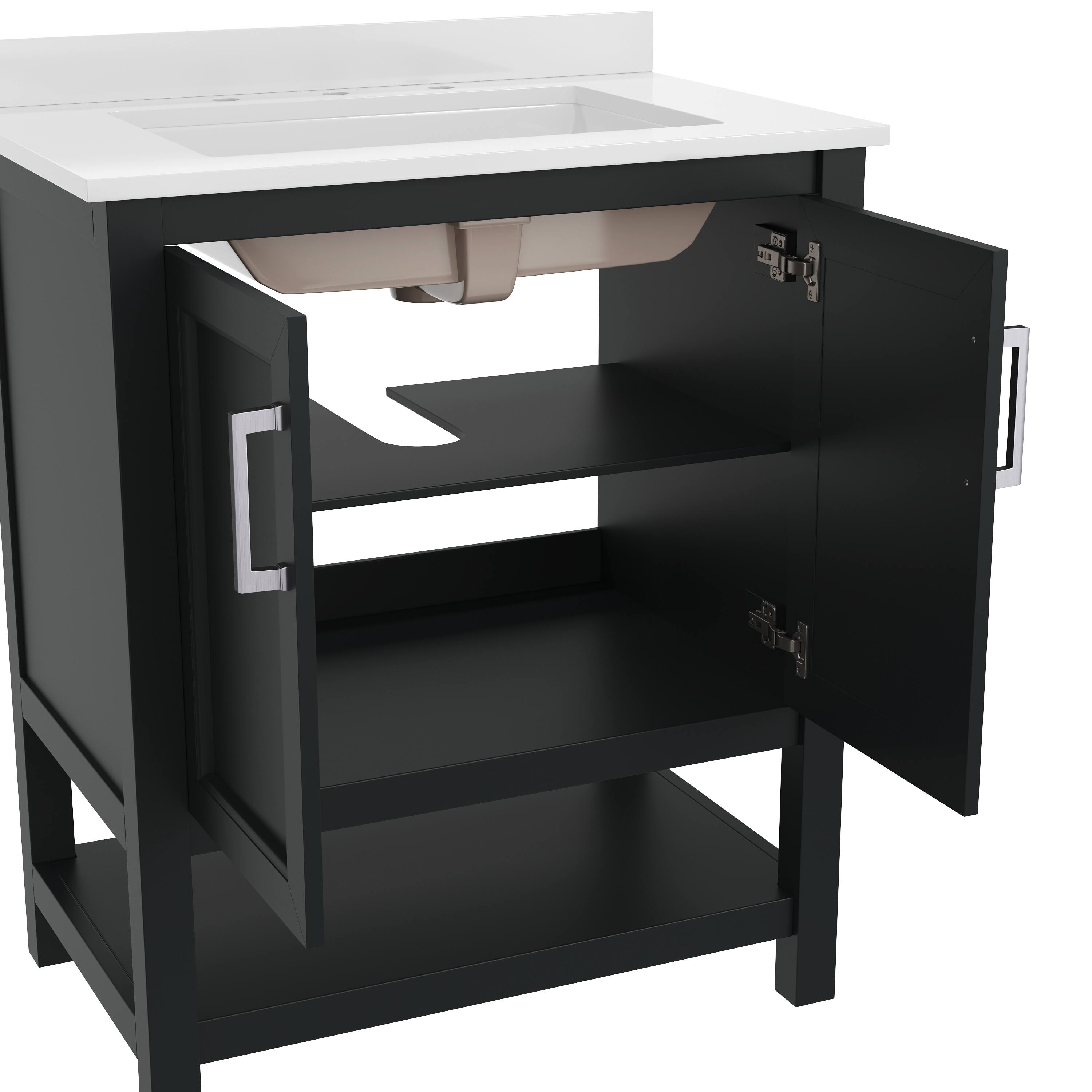 Alt View 8. Emma + Oliver - Vesta Bathroom Vanity, Single Sink Cabinet with 2 Soft Close Doors and Open Shelf, Carrara Marble Finish Countertop - Black Frame/Nickel Hardware.