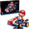 The image features a Lego Mario Kart set, which includes a Lego Mario figure and a Lego kart. The set is made up of 197 pieces and is designed for ages 18 and up. The Lego Mario figure is sitting in the Lego kart, ready to race.