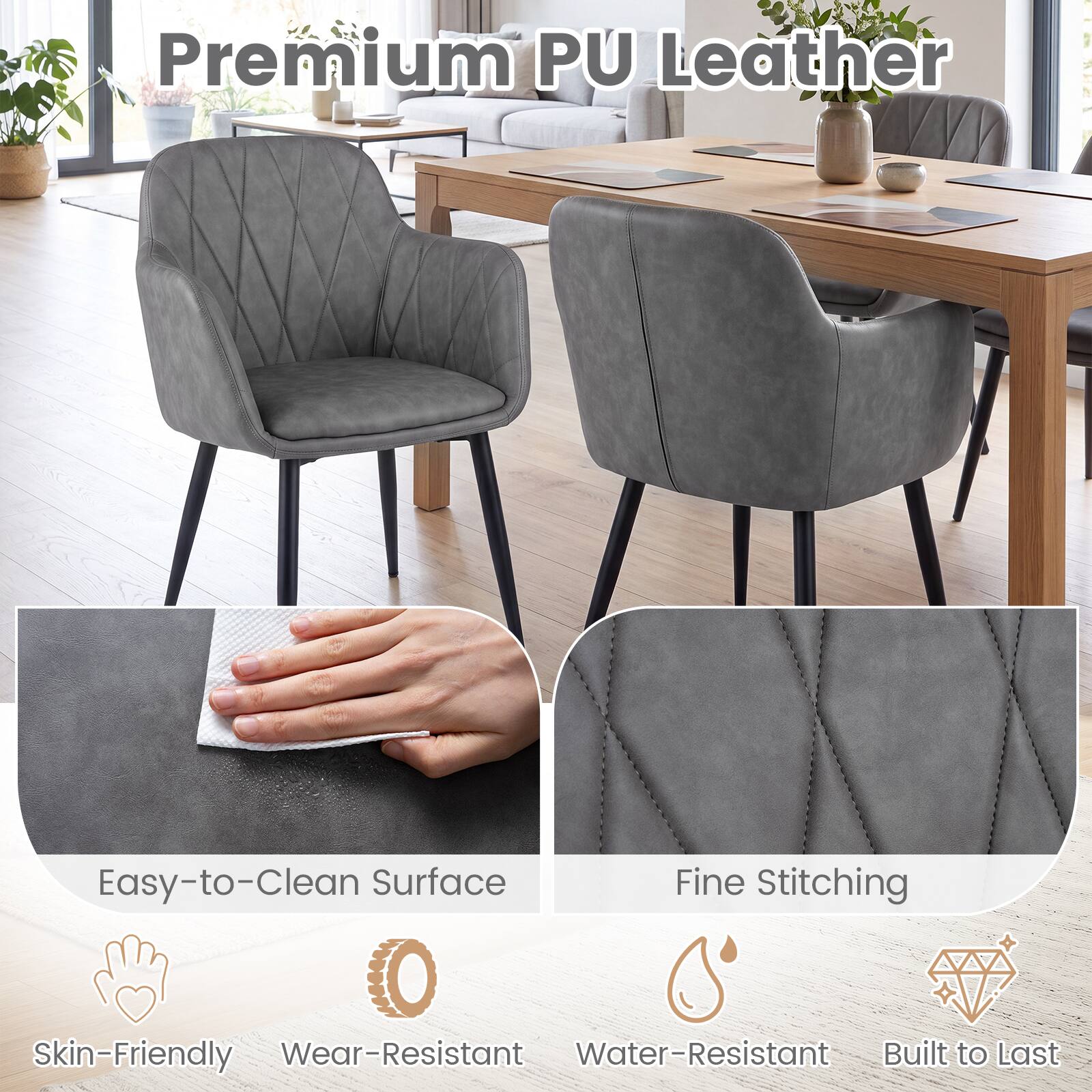 Premium PU Leather  
Easy-to-Clean Surface  
Fine Stitching  
Skin-Friendly  
Wear-Resistant  
Water-Resistant  
Built to Last