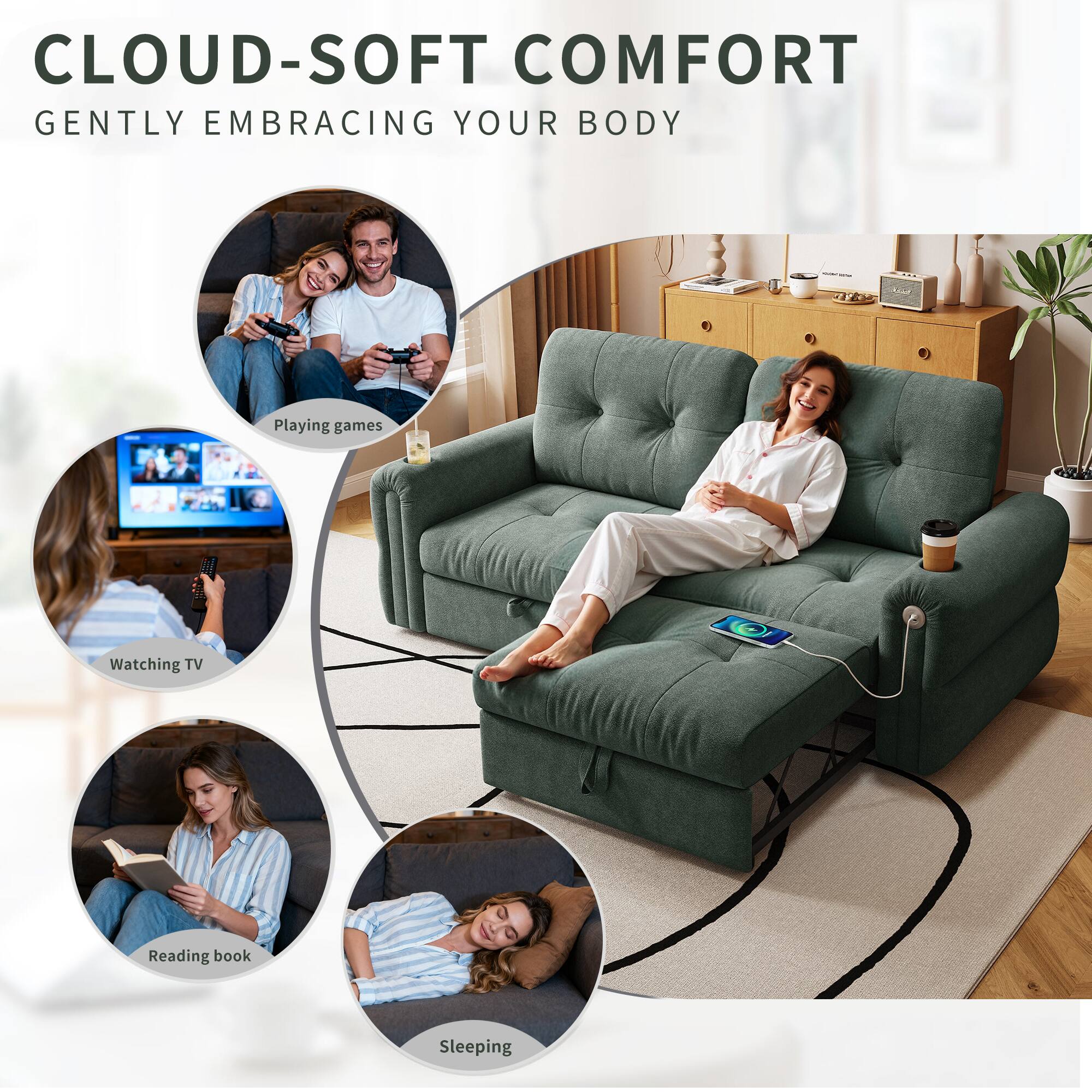CLOUD-SOFT COMFORT GENTLY EMBRACING YOUR BODY

Playing games  
Watching TV  
Reading book  
Sleeping