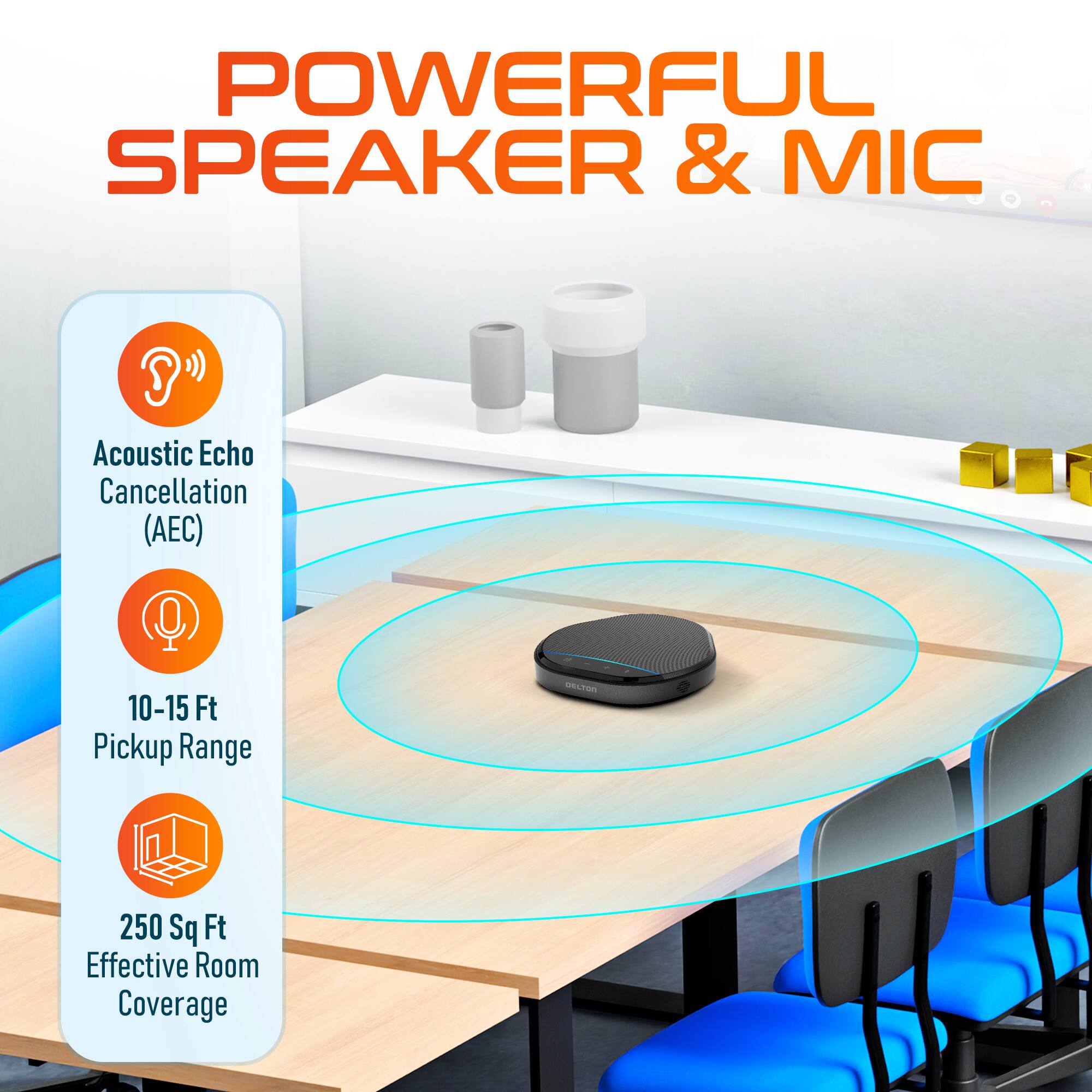 POWERFUL SPEAKER & MIC
Acoustic Echo Cancellation (AEC)
10-15 Ft Pickup Range
250 Sq Ft Effective Room Coverage