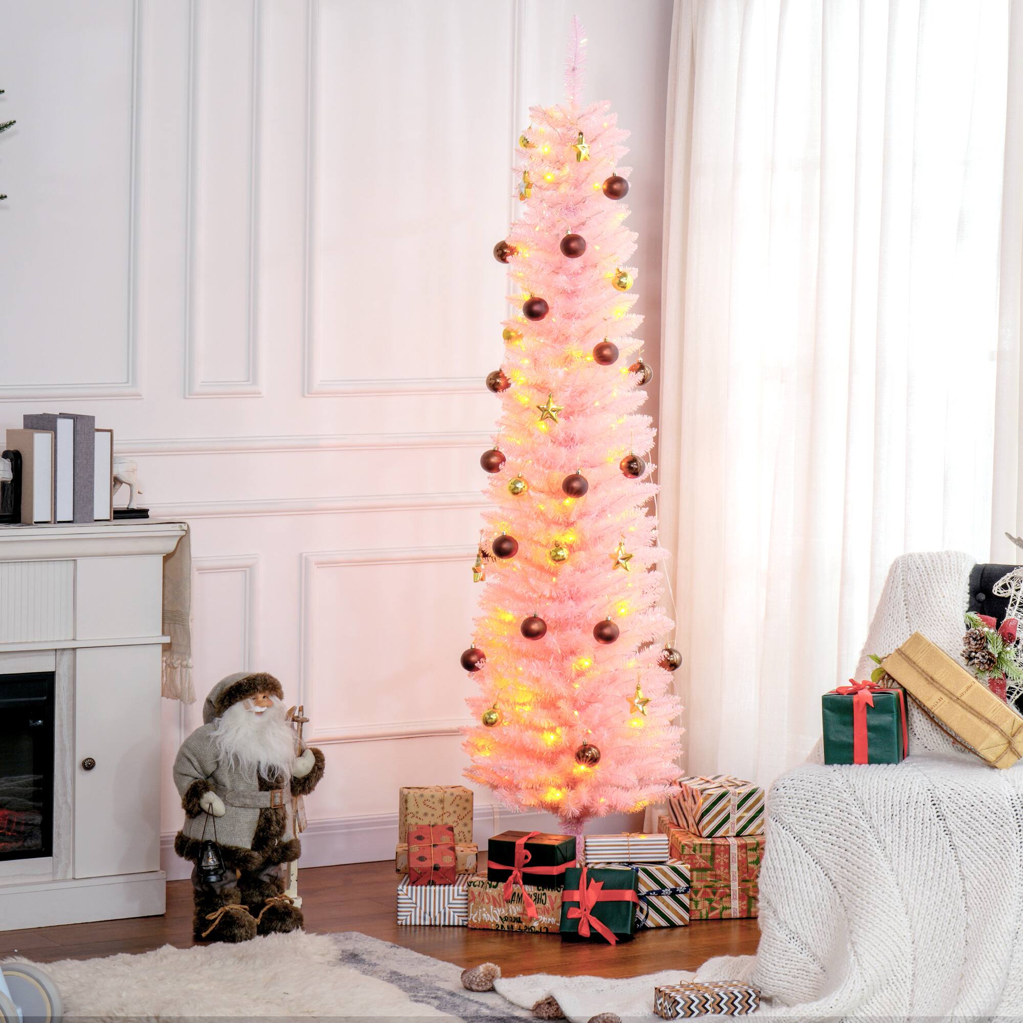 Alt View 1. Homcom - Prelit Pencil Artificial Christmas Tree, 250 Colorful Branches 150 Colorful LEDs - Pink.