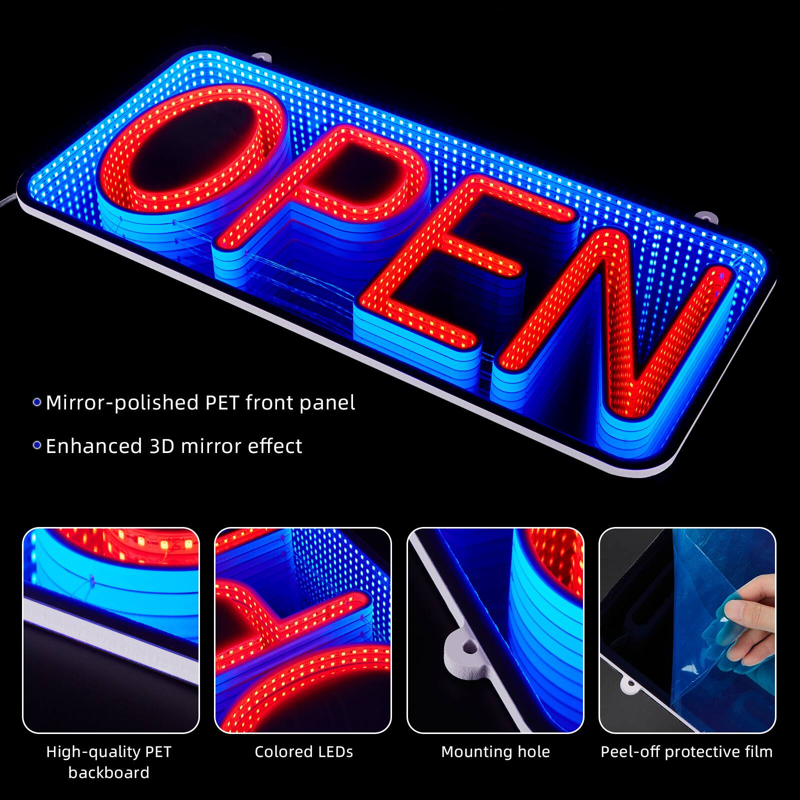 - Mirror-polished PET front panel
- Enhanced 3D mirror effect
- High-quality PET backboard
- Colored LEDs
- Mounting hole
- Peel-off protective film