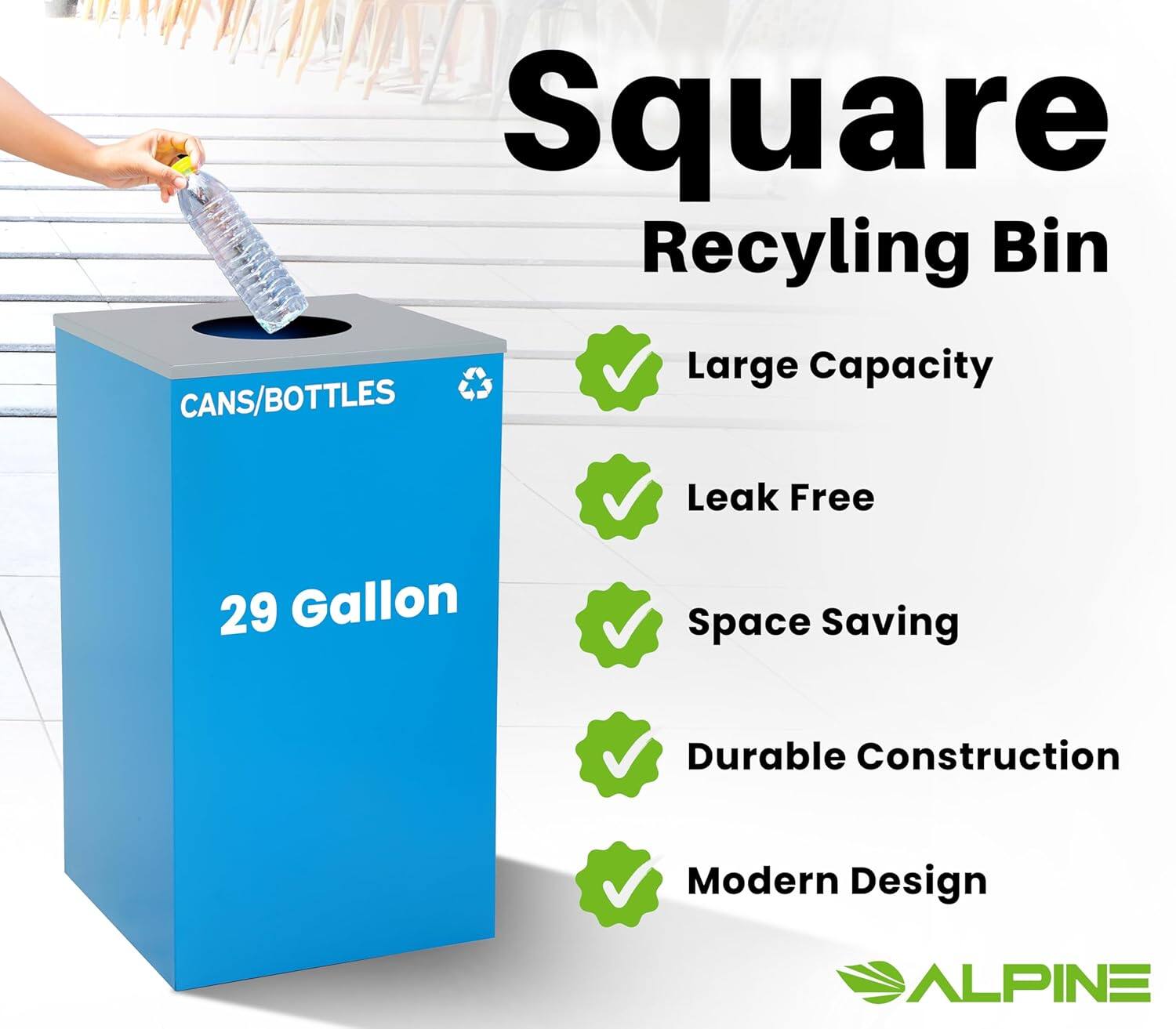 Square Recycling Bin CANS/BOTTLES Large Capacity Leak Free 29 Gallon Space Saving Durable Construction Modern Design ALPINE