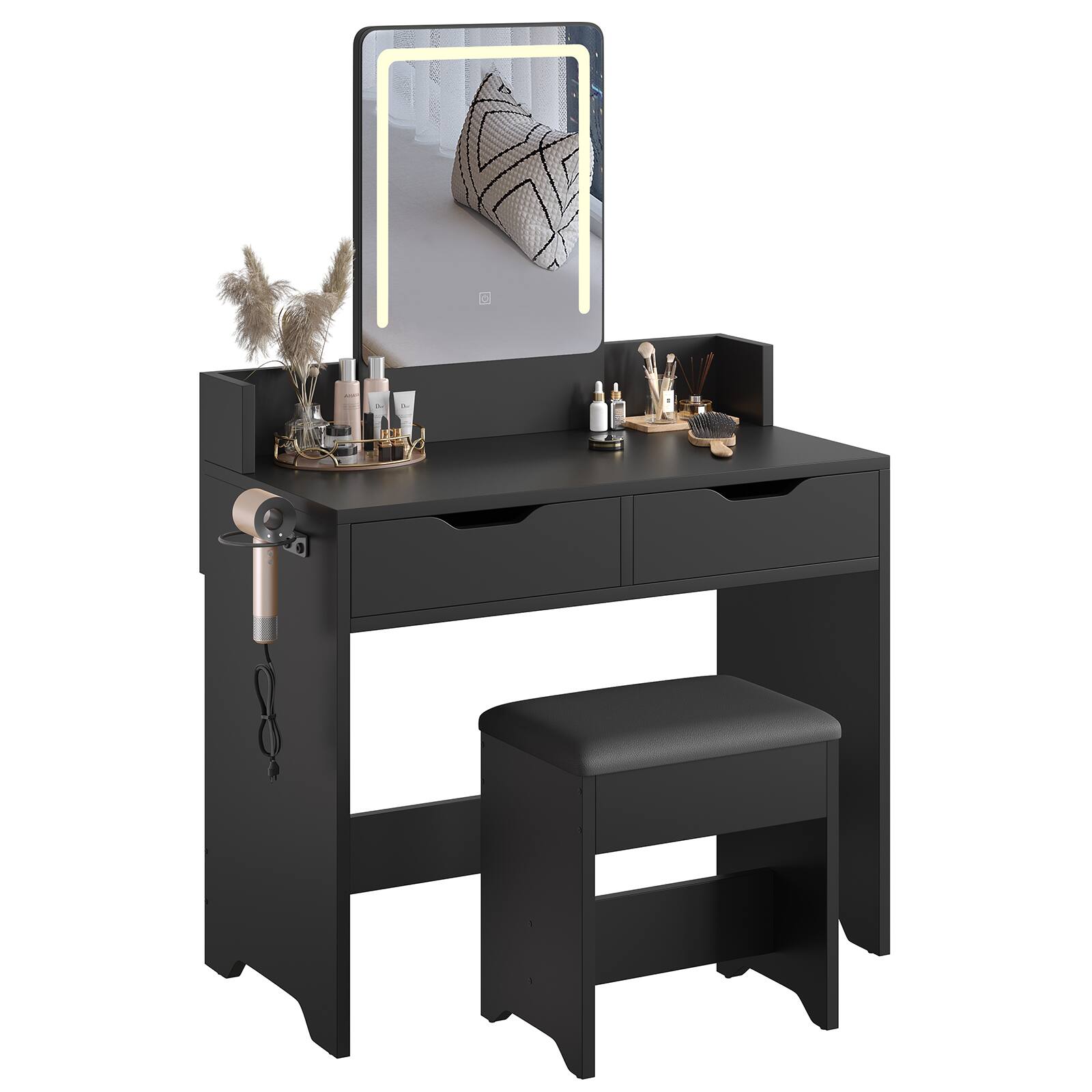 Alt View 4. Bestier - Vanity Desk Set with 3-Mode Lighted Mirror, 2 Storage Drawers, Hair Dryer Holder & Edge Safety Guard - Black.