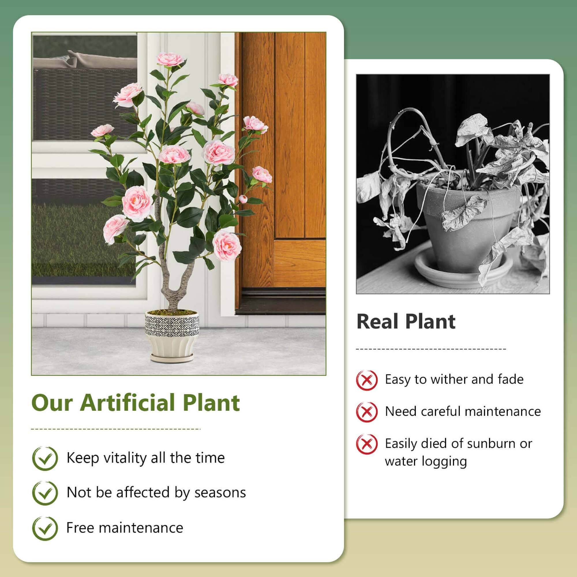 **Our Artificial Plant**

- Keep vitality all the time
- Not be affected by seasons
- Free maintenance

**Real Plant**

- Easy to wither and fade
- Need careful maintenance
- Easily died of sunburn or water logging