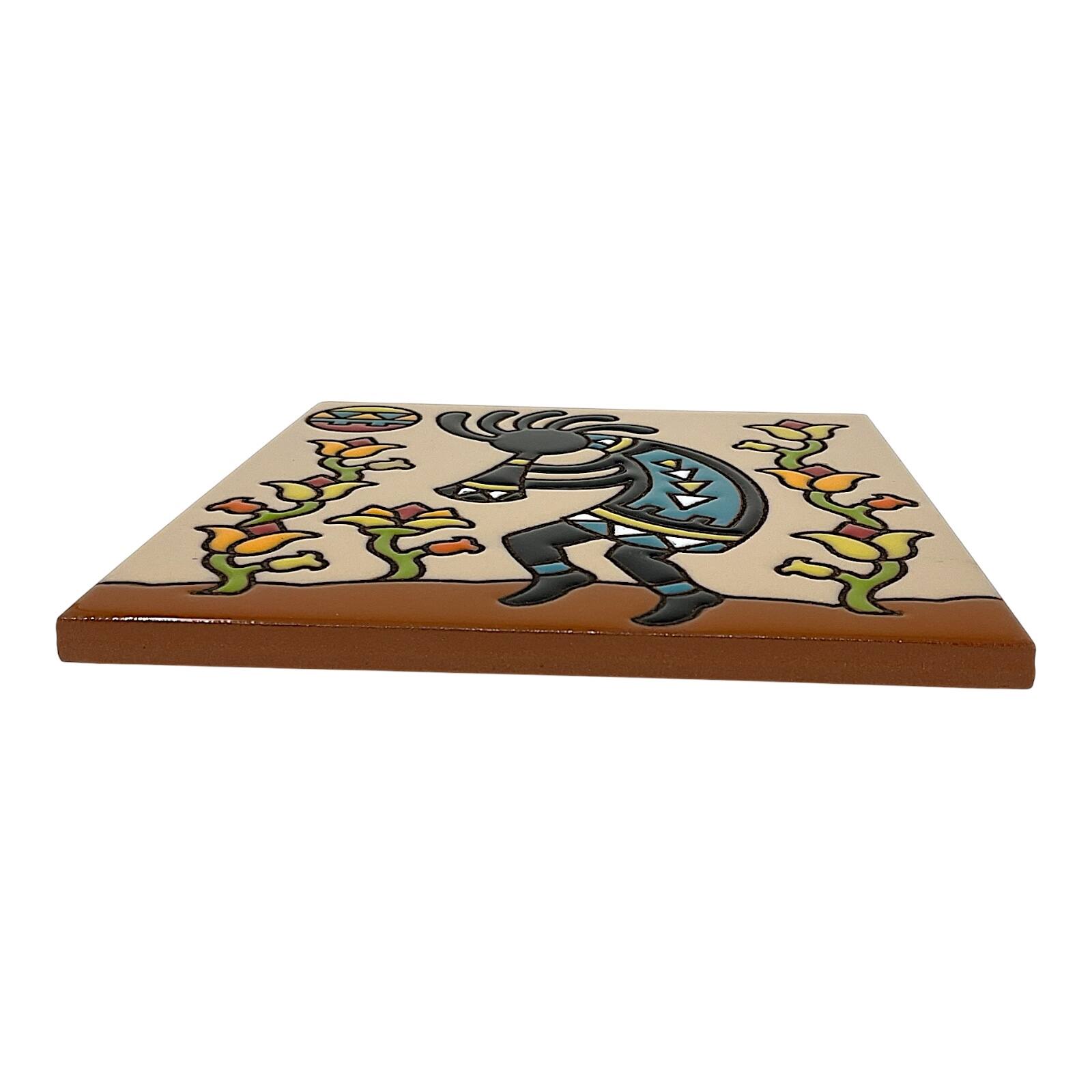 Back. Earthtones Tile - Earthtones Kokopelli Flower Charmer 6X6 Hand Glazed Southwestern Decorative Tile or Kitchen Trivet - Multicolor.