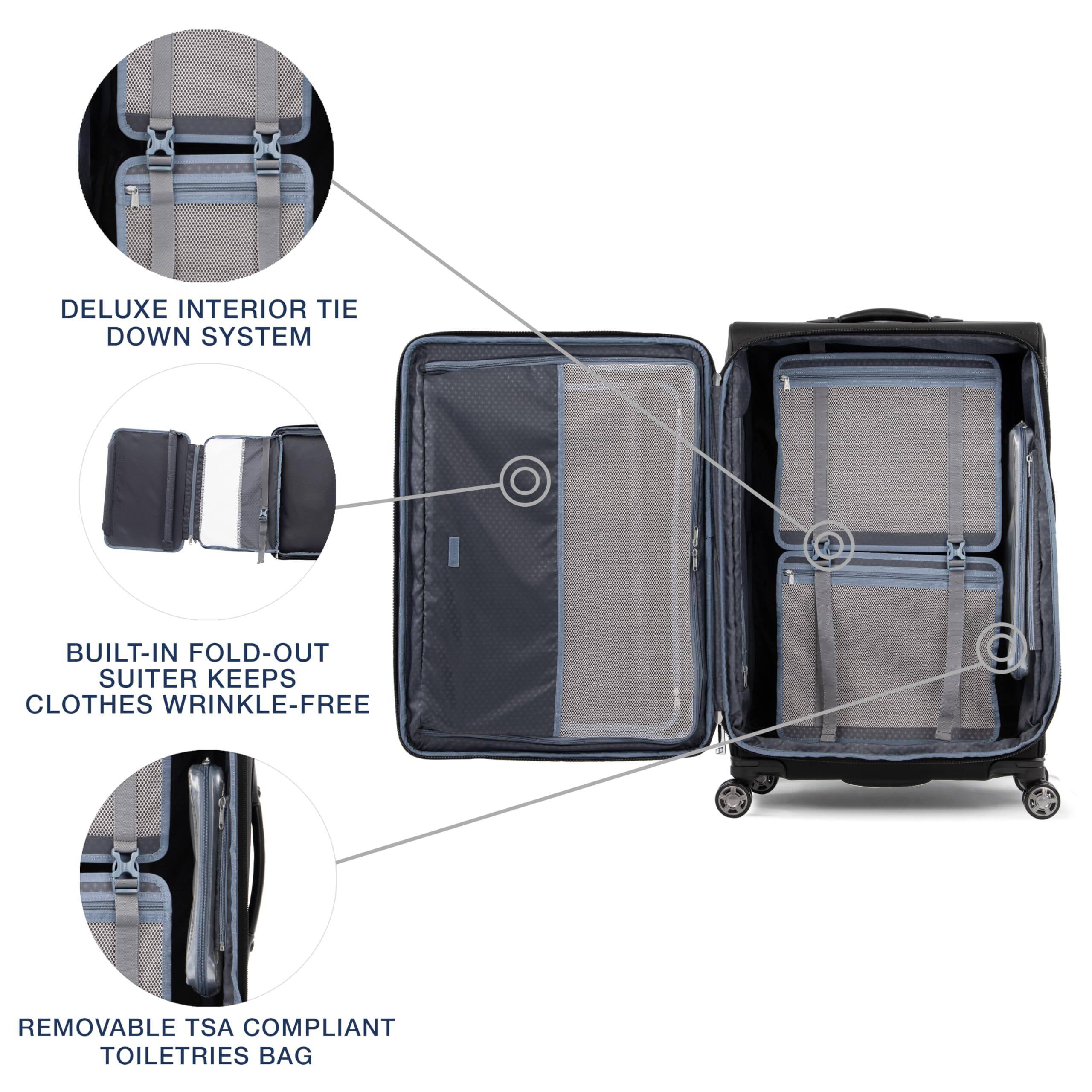 DELUXE INTERIOR TIE DOWN SYSTEM  
BUILT-IN FOLD-OUT SUITER KEEPS CLOTHES WRINKLE-FREE  
REMOVABLE TSA COMPLIANT TOILETRIES BAG