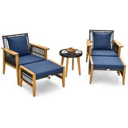 Costway - 5 Piece Patio Furniture Set Wicker Chair Set with Coffee Table & 2 Ottomans - Mix Brown,Navy