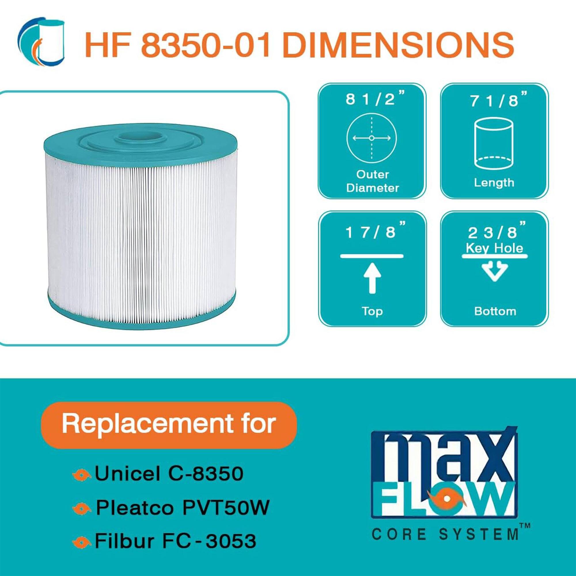 HF 8350-01 DIMENSIONS

- Outer Diameter: 8 1/2"
- Length: 7 1/8"
- Key Hole Top: 1 7/8"
- Key Hole Bottom: 2 3/8"

Replacement for:
- Unicel C-8350
- Pleatco PVT50W
- Filbur FC-3053

max FLOW CORE SYSTEM™