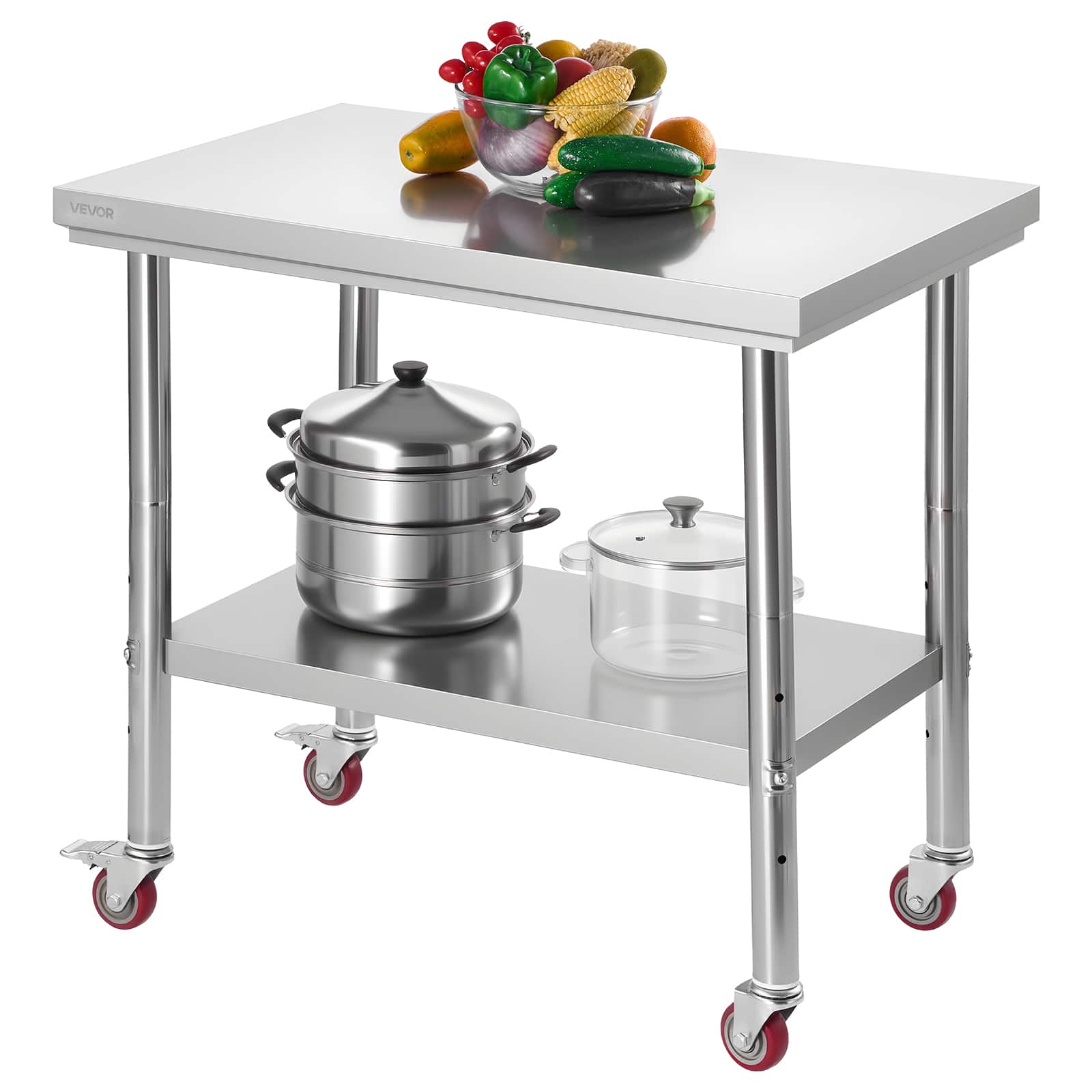 VEVOR - Stainless Steel Table, 24 x 35.4 Inches Food Prep Worktable, Kitchen Prep Table with Adjustable Undershelf Workstations - Silver