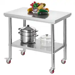VEVOR - Stainless Steel Table, 24 x 35.4 Inches Food Prep Worktable, Kitchen Prep Table with Adjustable Undershelf Workstations - Silver